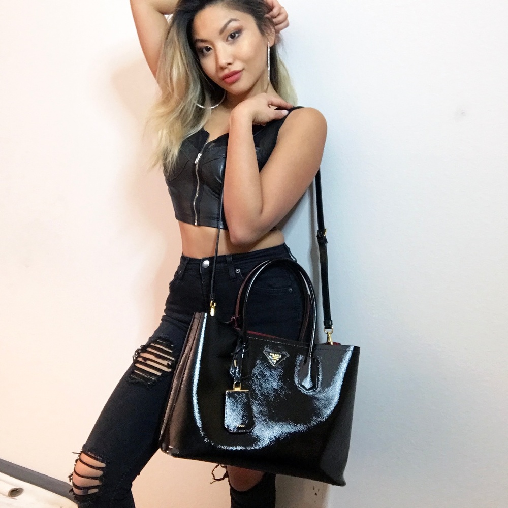 Prada Saffiano Cuir Double Tote Bag in Black